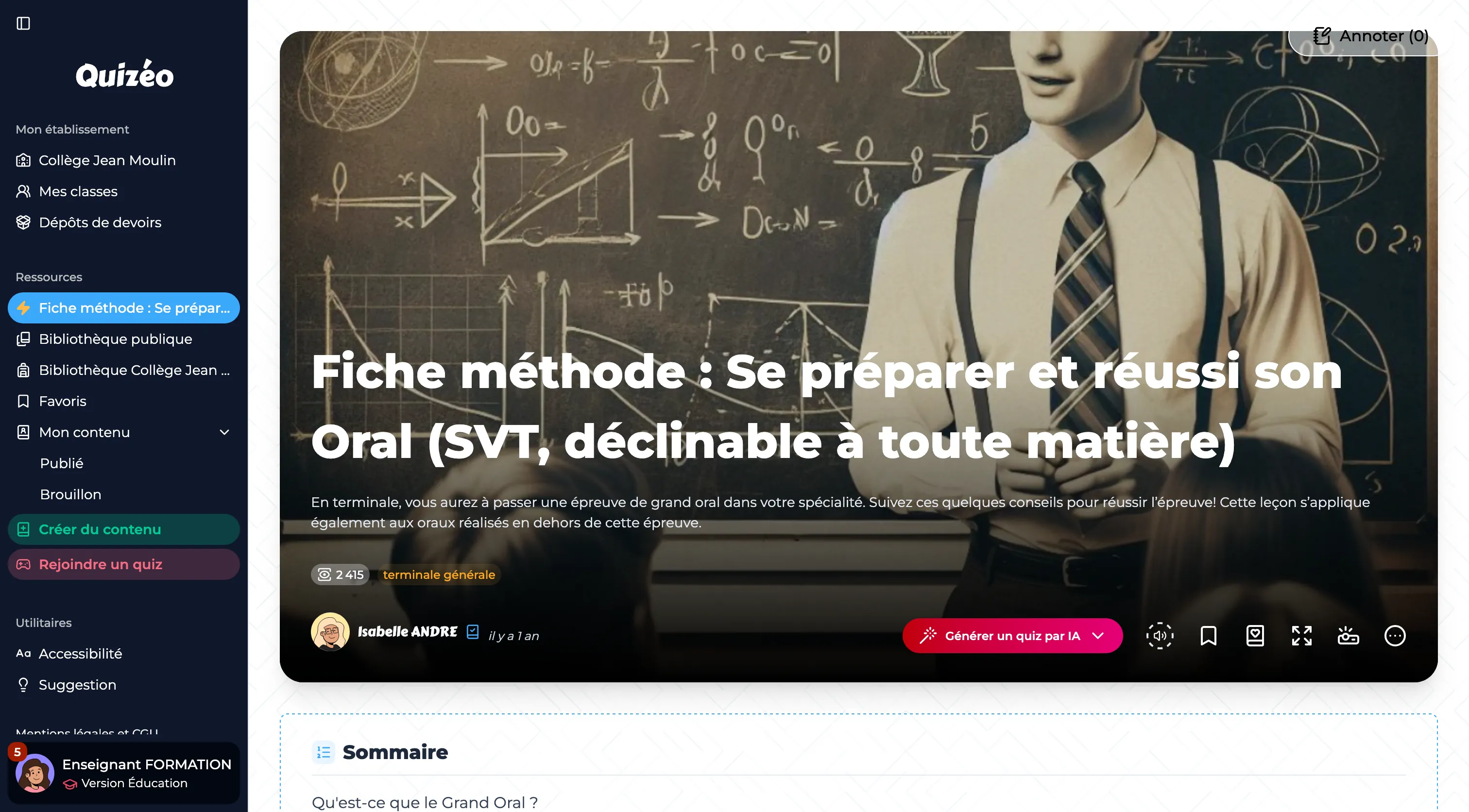 Capture d'écran de l'interface de Quizéo. L'enseignant est sur une ressource intitulée 'TP : Mécanismes à l'origine de l'évolution de la biodiversité' destinée à des élèves de seconde générale, qui montre une illustration de paysage naturel avec des arbres et une rivière. On peut lire le sommaire qui comporte plusieurs étapes pour ce TP. On peut également lire dans le menu latéral les différents accès vers l'établissement de l'enseignant, vers la bibliothèque, vers la création de ressource, vers son profil ou encore des menu d'accessibilité et de suggestion.